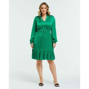 Estelle Nina Emerald Green Shirred Long Sleeve Pleated Dress 2X Event Cocktail